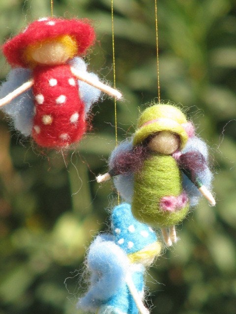 A rainbow fairies mobile, needle felted
