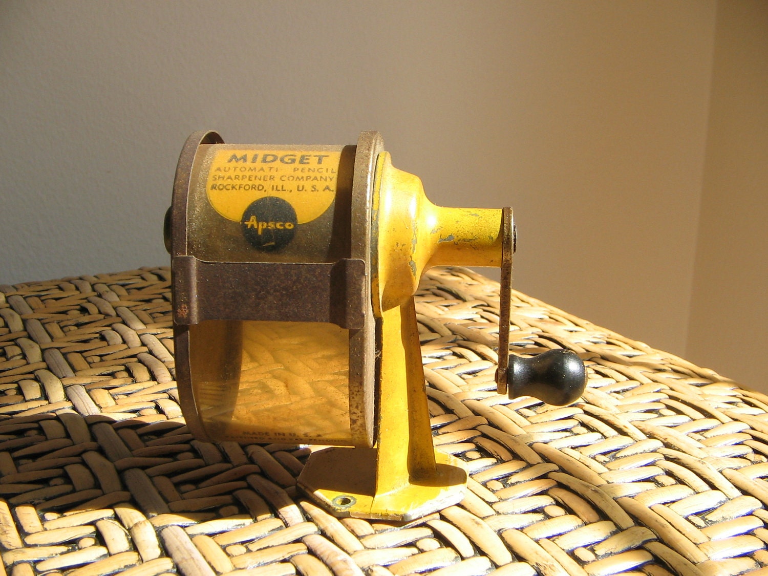 Vintage Pencil Sharpener Apsco Midget Industrial Yellow 1950s