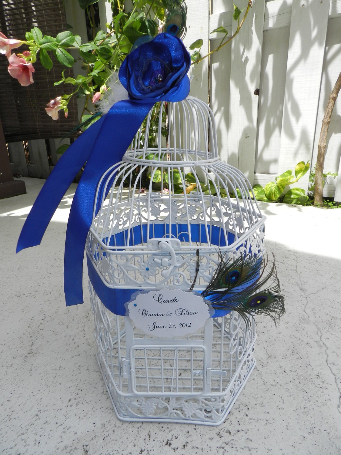 Elegant Birdcage Wedding Card Holder - Peacock Feather Decor Theme