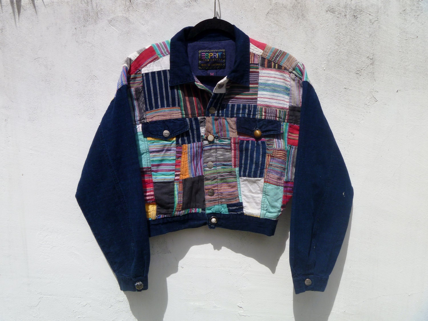 Vintage 90's Espirit Southwestern Indian Motif Guatemalan Fabrics Eye Dazzler Patchwork Multi-Print Denim Jacket Women's Medium