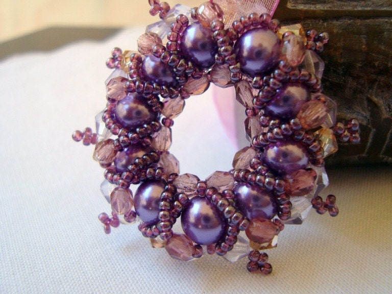 Hand Beaded Aubergine Purple Donut Pendant