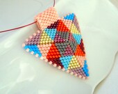 Modern Geometric Jewelry, Patchwork Beadwoven Peyote Triangle Pendant, Peyote Beaded Triangle Pendant Necklace - Beadwork in Autumn Colors