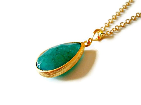 Emerald Green Jade Faceted Teardrop Pendant Necklace with Gold Filled Chain - Also Available in Silver, Birthstone Necklace, Wedding Jewelry