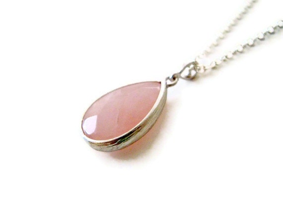 Rose Quartz Faceted Teardrop Pendant Necklace with Silver Filled Chain - Also Available in Gold, Wedding Jewelry