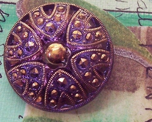 Czech Glass Button Purple and Gold Veronica Sea Urchin Sewing Button Silvered Back