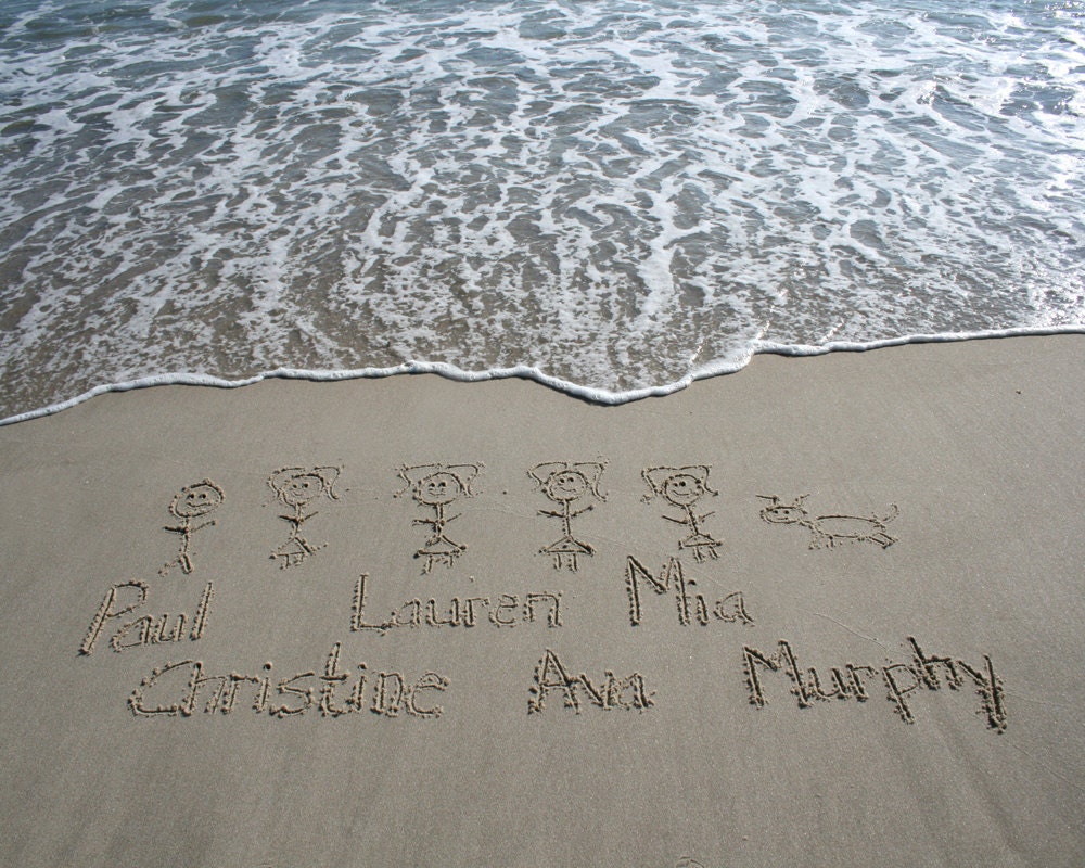 Beach Writing Stick Figure Family of 6 in the Sand at the Jersey Shore