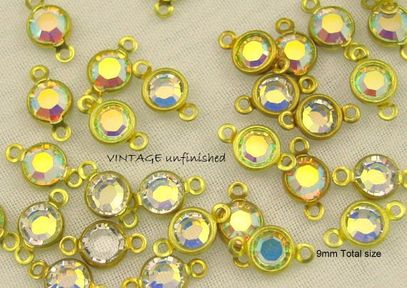6 -  Vintage 5mm/9mm Swarovski Clear Crystal AB Channels - Two Loops - Gold settings