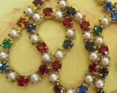 One Foot -  Swarovski 4MM Pearl and Multi Color Crystal  Rhinestone Chain