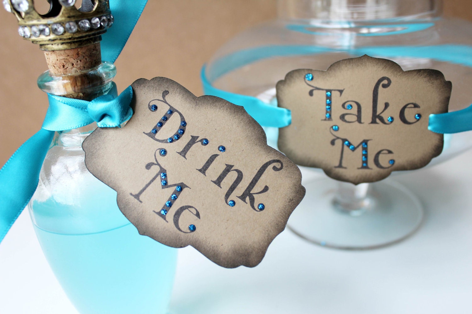 Alice in Wonderland Wedding "Drink Me" Party Tags- Kraft/Turquoise- Set of 12