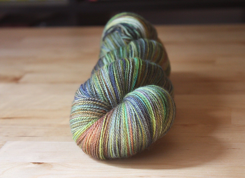 Hand Dyed Yarn / Green Copper Blue / Merino Wool Silk Lace Weight Luxury Yarn / NEW