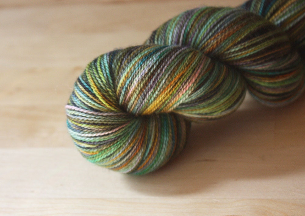 Hand Dyed Yarn / Green Gold Turquoise / Merino Wool Silk Lace Weight Luxury Yarn / NEW