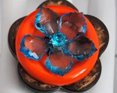 Colorful   button ring  orange turquoise and brown OOAK  statement flower  gift adjustable