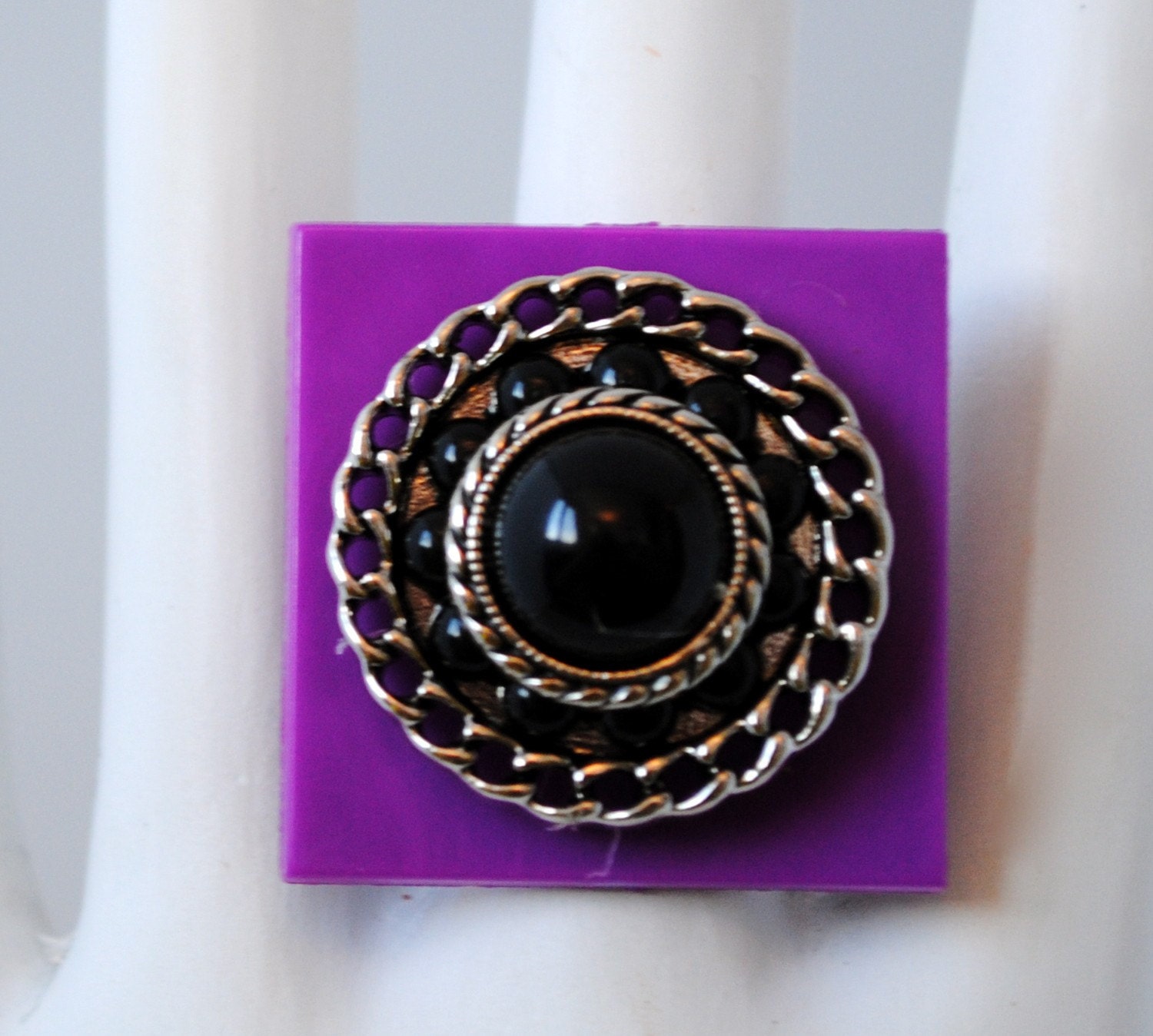 Purple button ring black silver and purple OOAK statement jewelry gift adjustable under 15 USD - victoriascharms