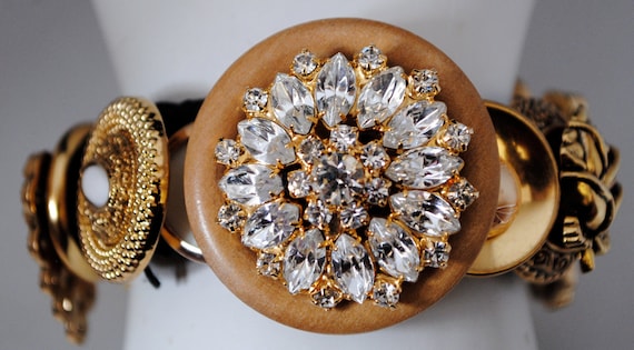 Gold sparkle bracelet buttons OOAK statement  jewelry gift for her expandable under 50 USD