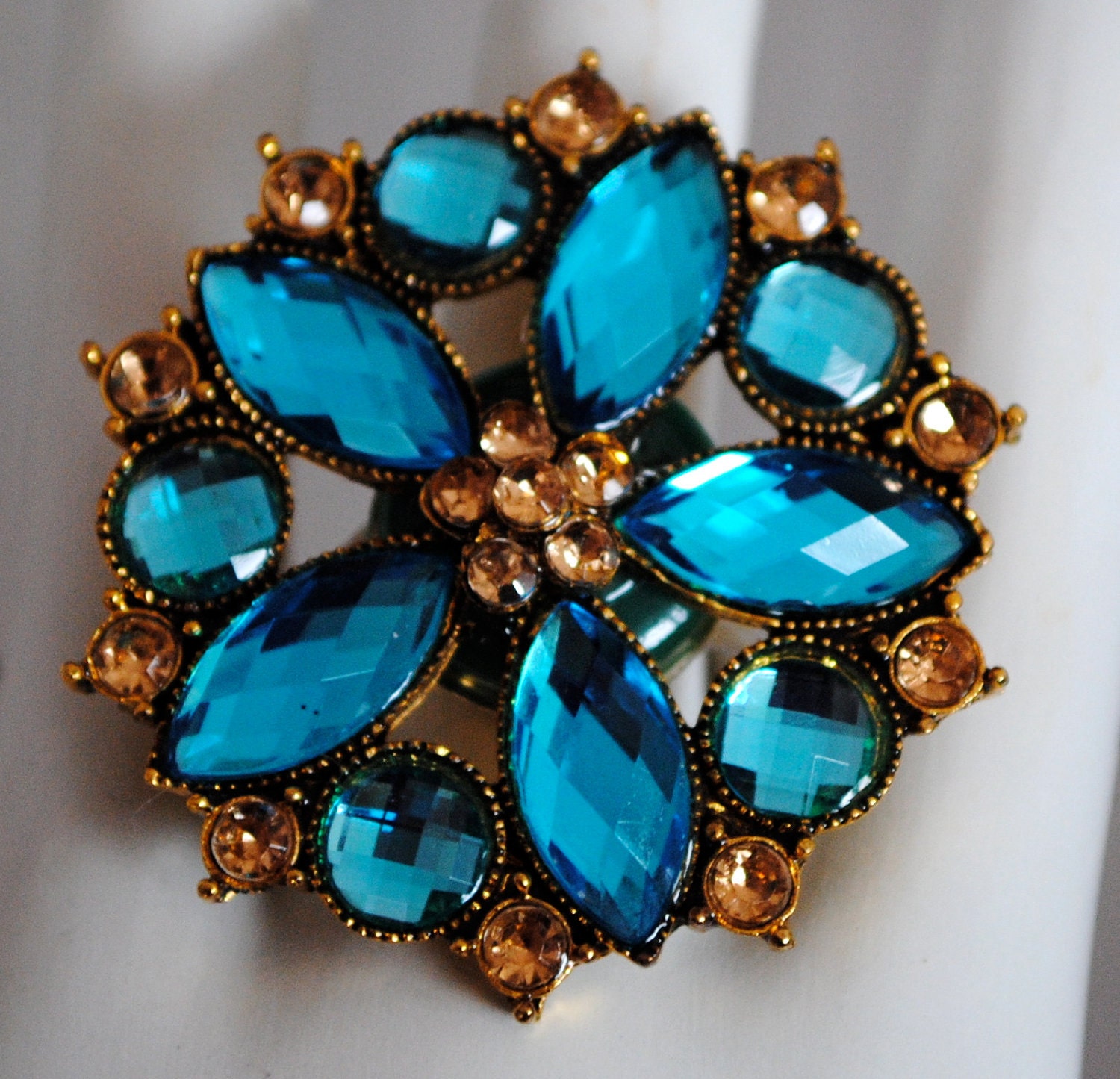 Flower cocktail ring turquoise gold button statement jewelry adjustable women's gift