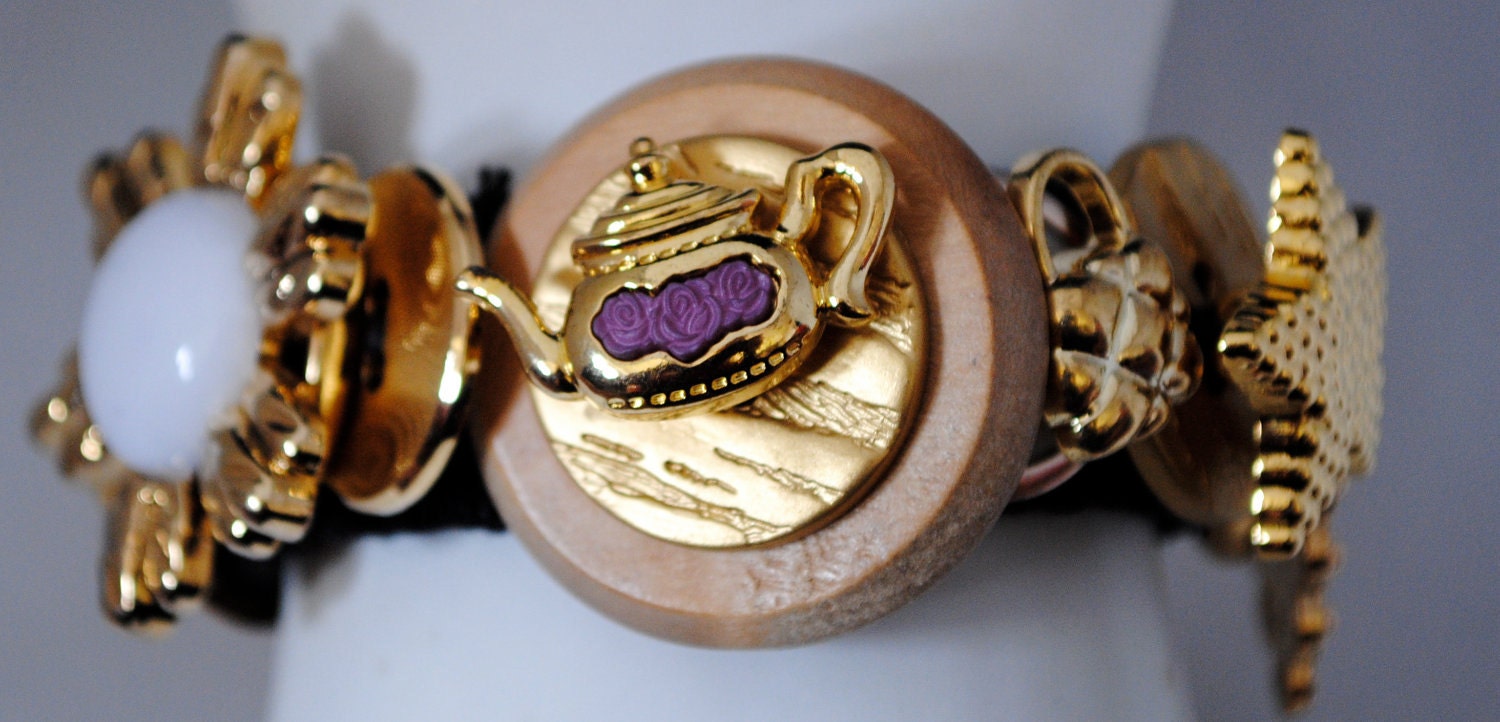 Gold sparkle bracelet buttons OOAK statement  jewelry gift for her expandable under 50 USD