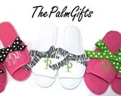 Personalized Slippers with Ribbon- Monogrammed Bridesmaids Slippers with Polka Dot Ribbon - Personalized Spa Slippers You Design