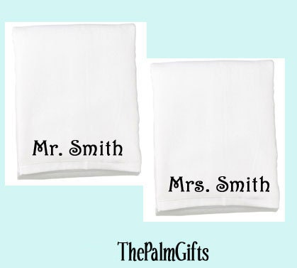 Two (2) BRIDE AND GROOM Mr. and Mrs. Wedding Monogrammed Beach Towels-Fun Wedding Gift Personalized Towels from The Palm Gifts