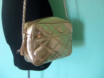 80s purse - gold vinyl quilted shoulder strap purse