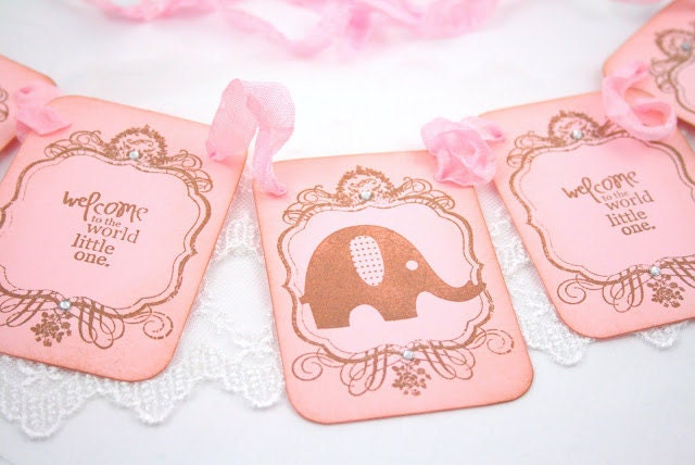Pink Elephant Baby Shower Banner Garland Photo Prop Vintage Girl