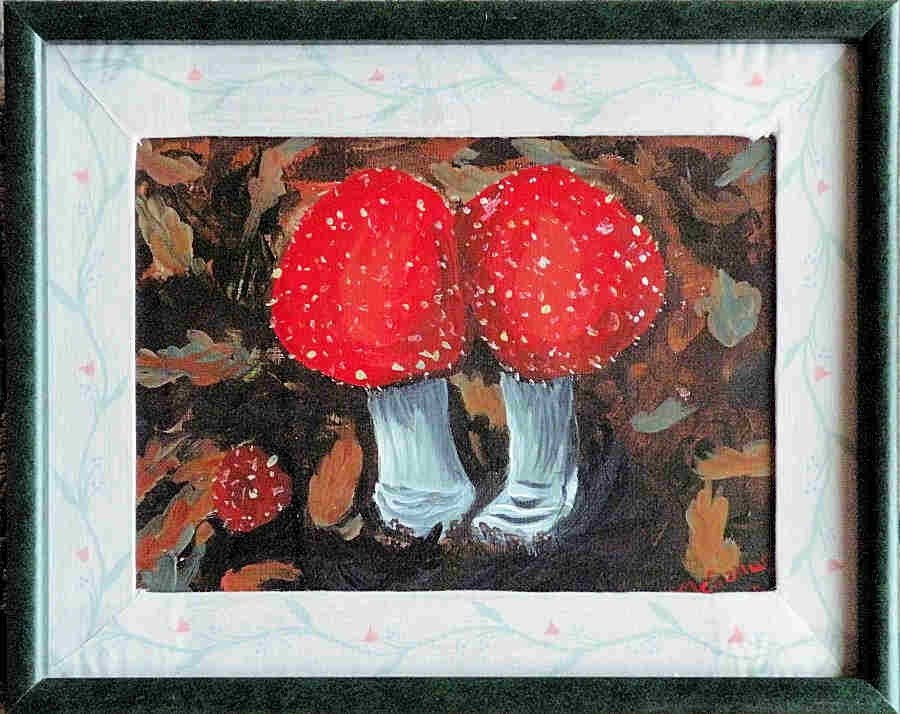 Acrylic Painting Fly Agaric Mushrooms Framed 11 x 14