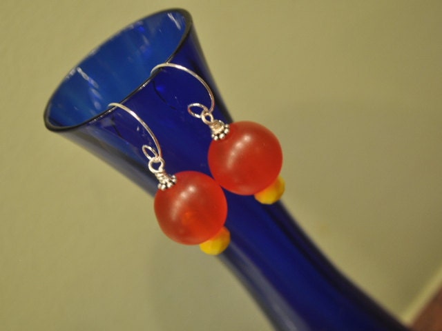 SIX DOLLAR earrings FuNkY round tangerine acrylic Czech Swirl Silver plated Ear Wire