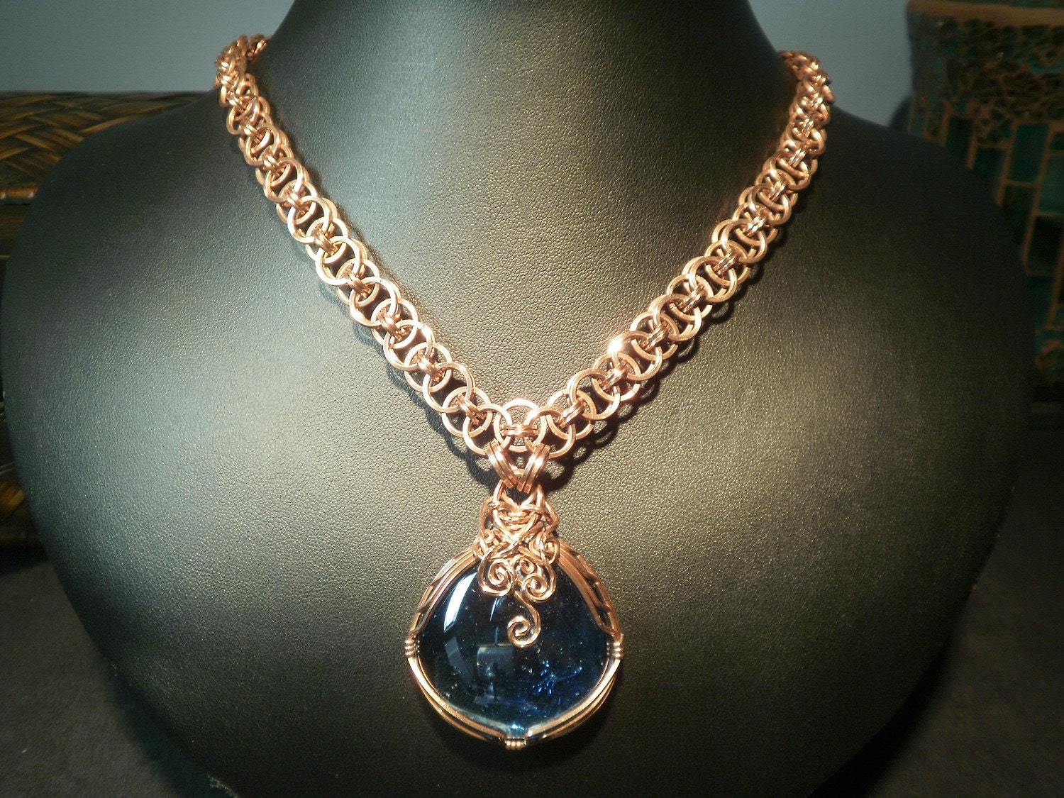 Copper Chainmaille Helms Chain Necklace with Wire Wrapped Blue Glass Pendant