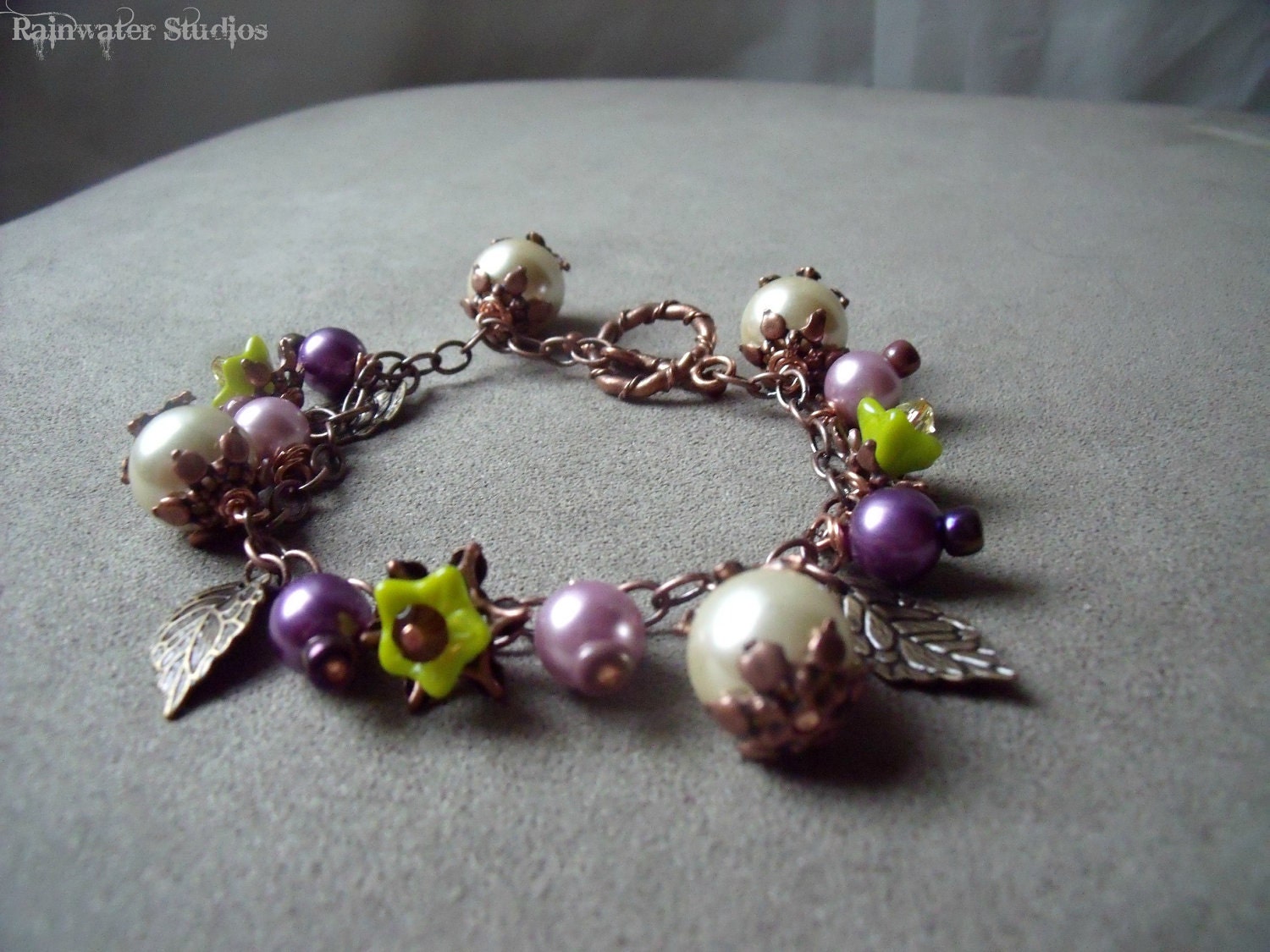 CLEARANCE SALE - Woodland Sprite Faery Bracelet - OOAK, Purple Swarovski Pearls, Chartreuse Czech Flower Beads