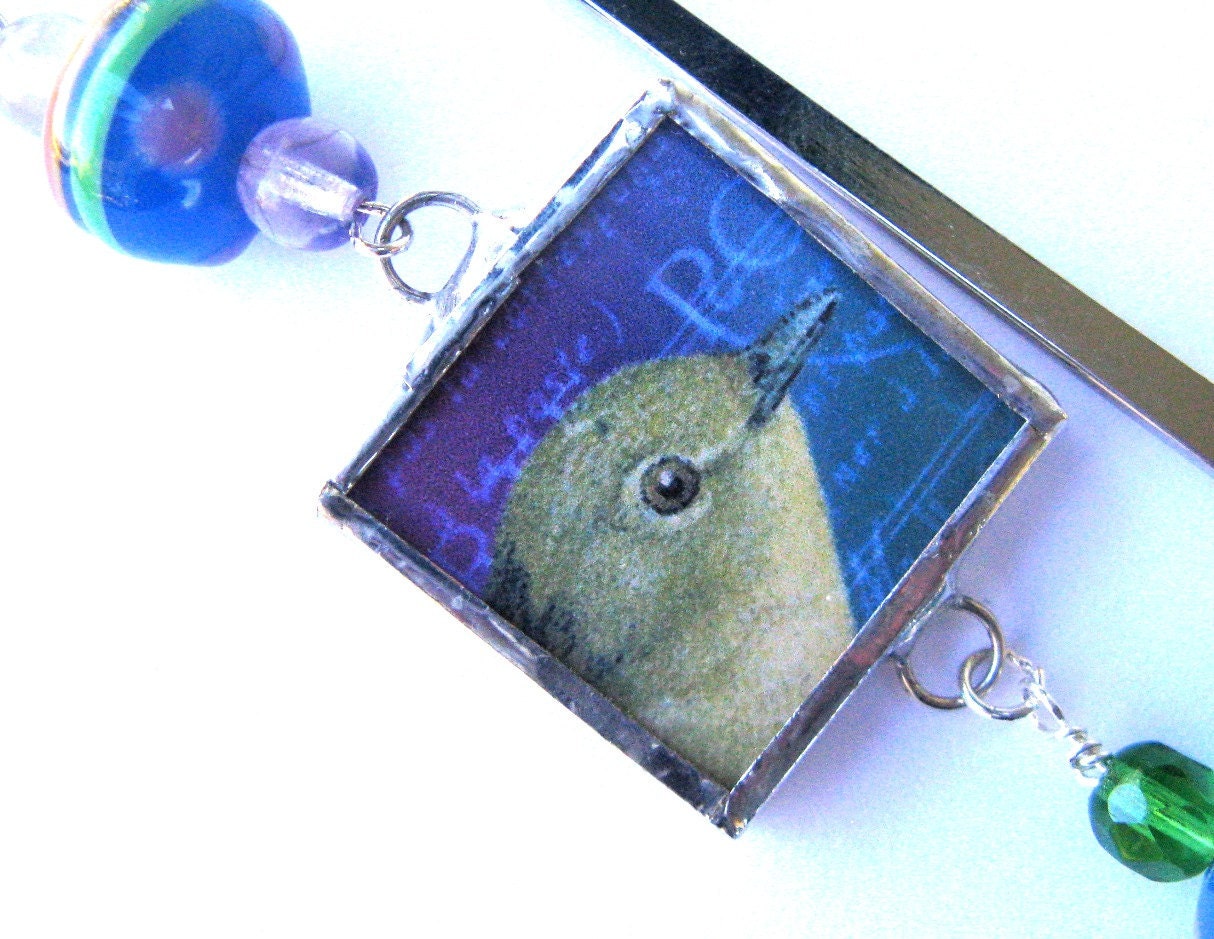 Soldered Art Charm Bookmark - Two Sided: Yellow Bird on Postcards - classyandsassycharms