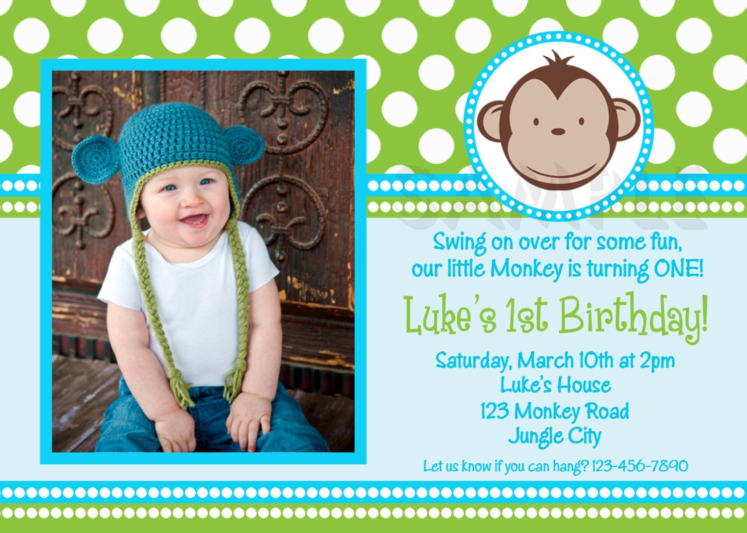 Mod Monkey Birthday Invitation 1st Birthday Polka Dot Birthday Party Invitation Boys or Girls Printable