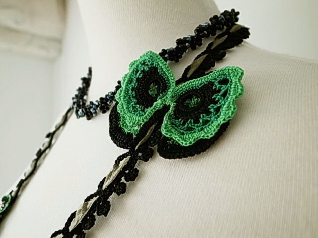 Irish Crochet Lace Jewelry (Butterfly) Fiber Art Necklace
