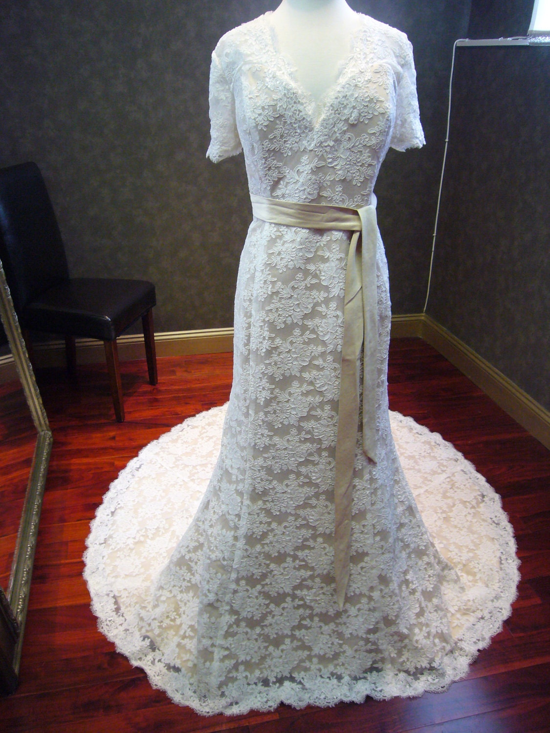 Custom Wedding Gown with Champagne Satin and Ivory French Lace