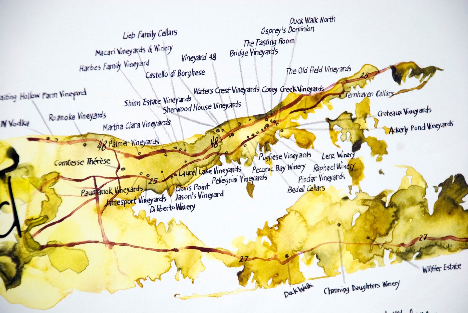 Vineyards of Long Island Map - 12 x 16 Print - Watercolor - Wine Lover Gift- Wall Art