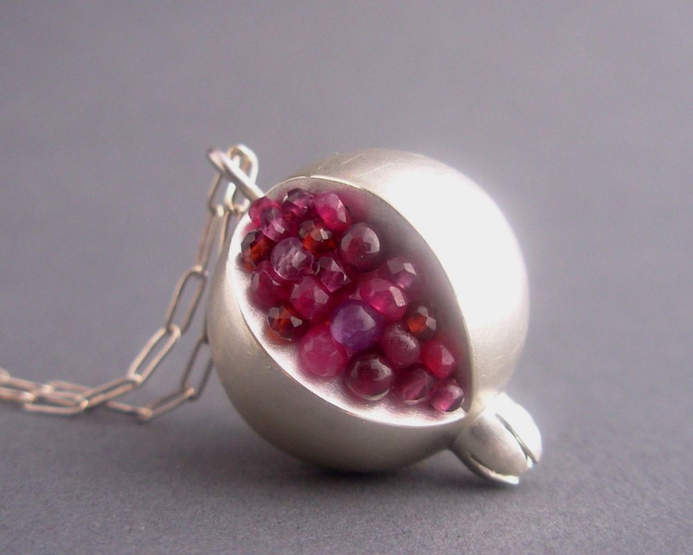 Pomegranate Pendant - Red Pink Gemstones Matte/Brushed Silver