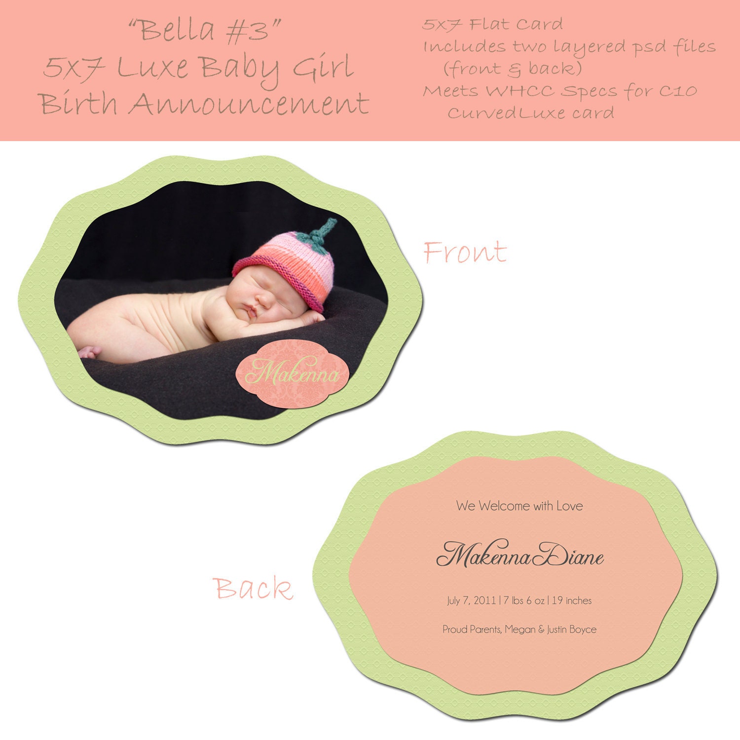 Bella-3 Baby Girl Birth Luxe Announcment - Perfect for Photographers - 5x7 Flat - Two Sided - Horizontal