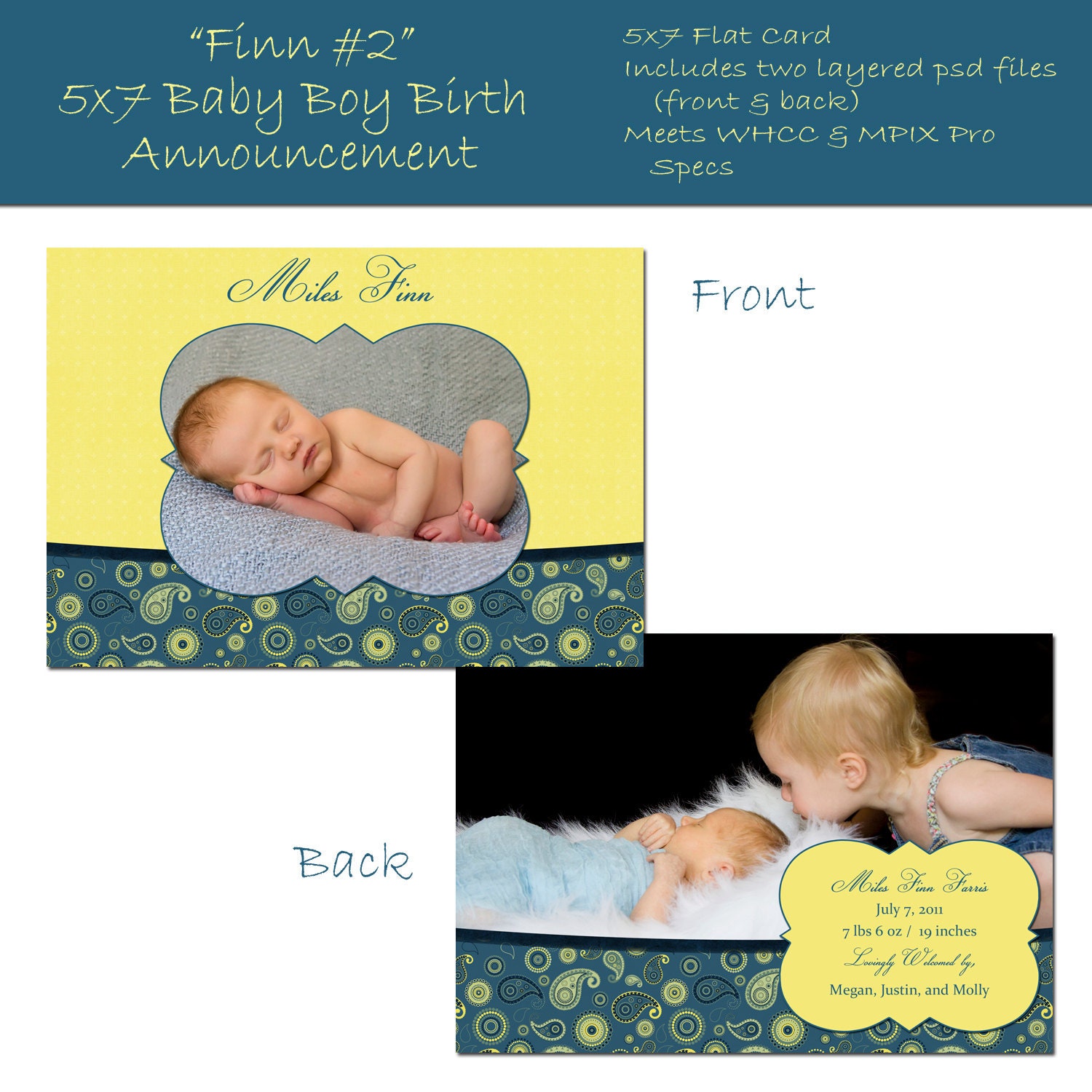 Finn-2 Baby Boy Birth Announcment - Perfect for Photographers - 5x7 Flat - Two Sided