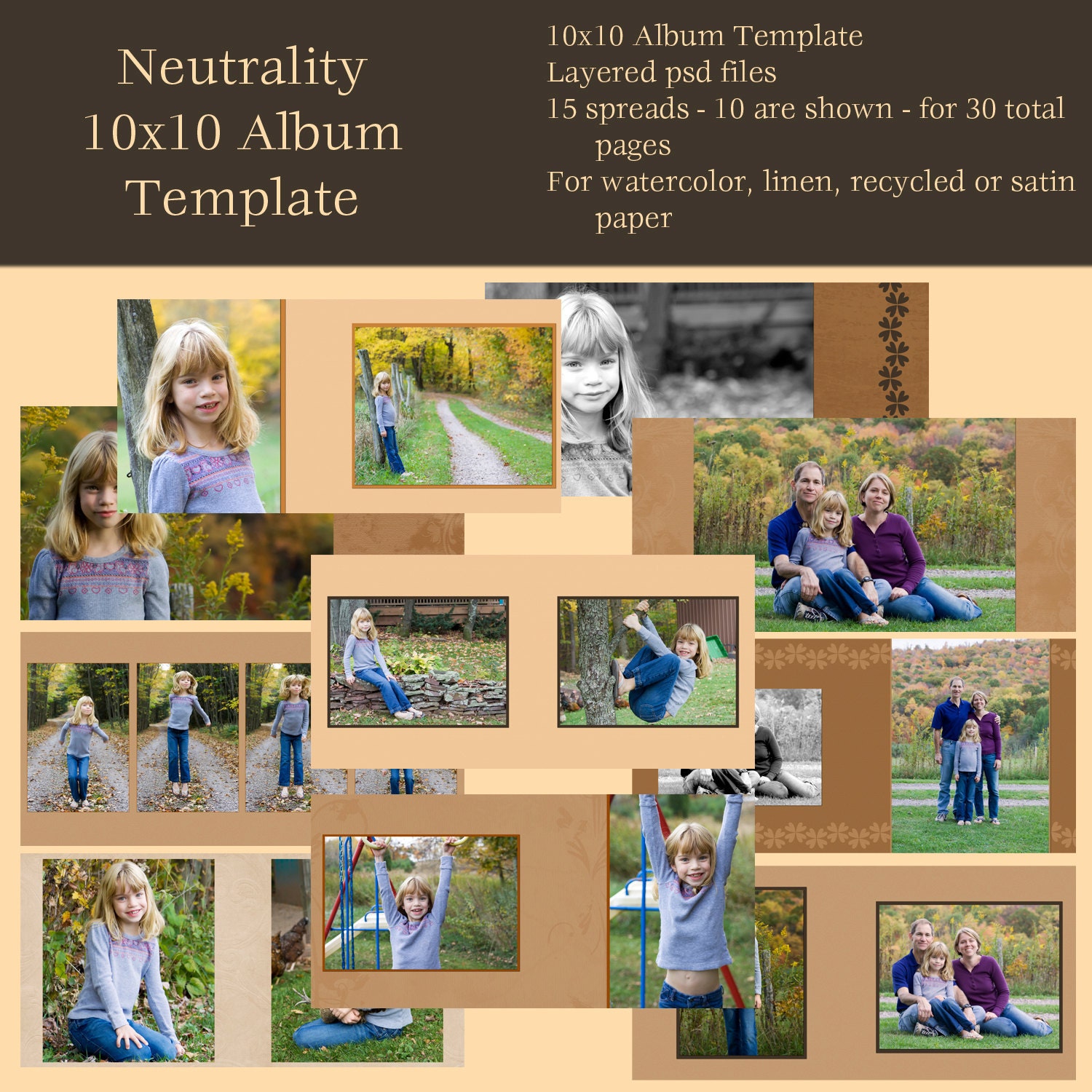 NEUTRALITY 10x10 Album Template for Photographers or Digital Scrapbookers - Photoshop PSD Files - Perfect for Seniors, Boudoir, or Portrait