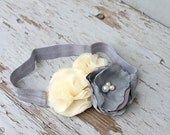 Baby Headband Girl Headband Infant Headband Fabric Flower Headband Singed Flower Shabby Chic Cream Headband Grey Headband Vintage Headband