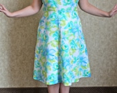 XXL, Plus Size Day Dress w/ Rouged Bust- Pinup, Floral, Day Dress, Blue, Green, Empire Waist, 14