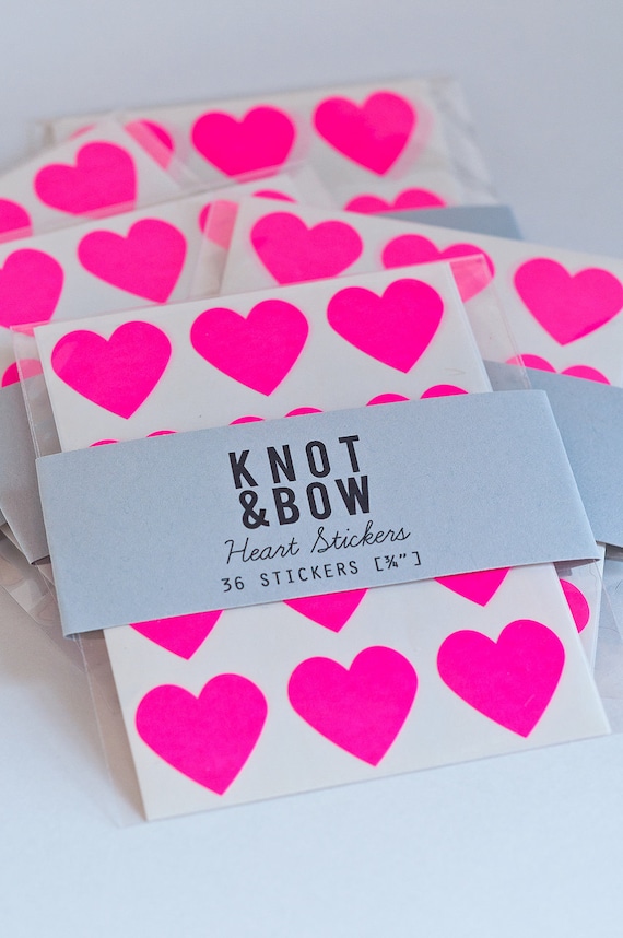 36 Neon Pink Heart Stickers - FREE SHIPPING