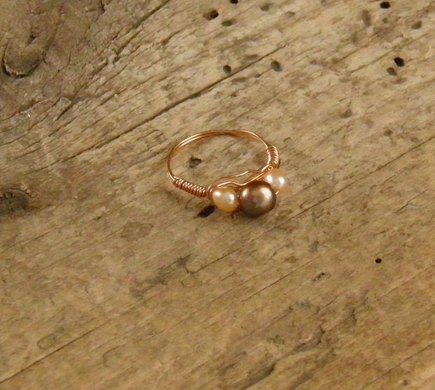 Pearl and copper wire wrapped ring
