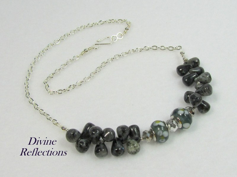Larvikite Necklace, Lampwork Necklace, Black Necklace, Gray Necklace, Gemstone Necklace