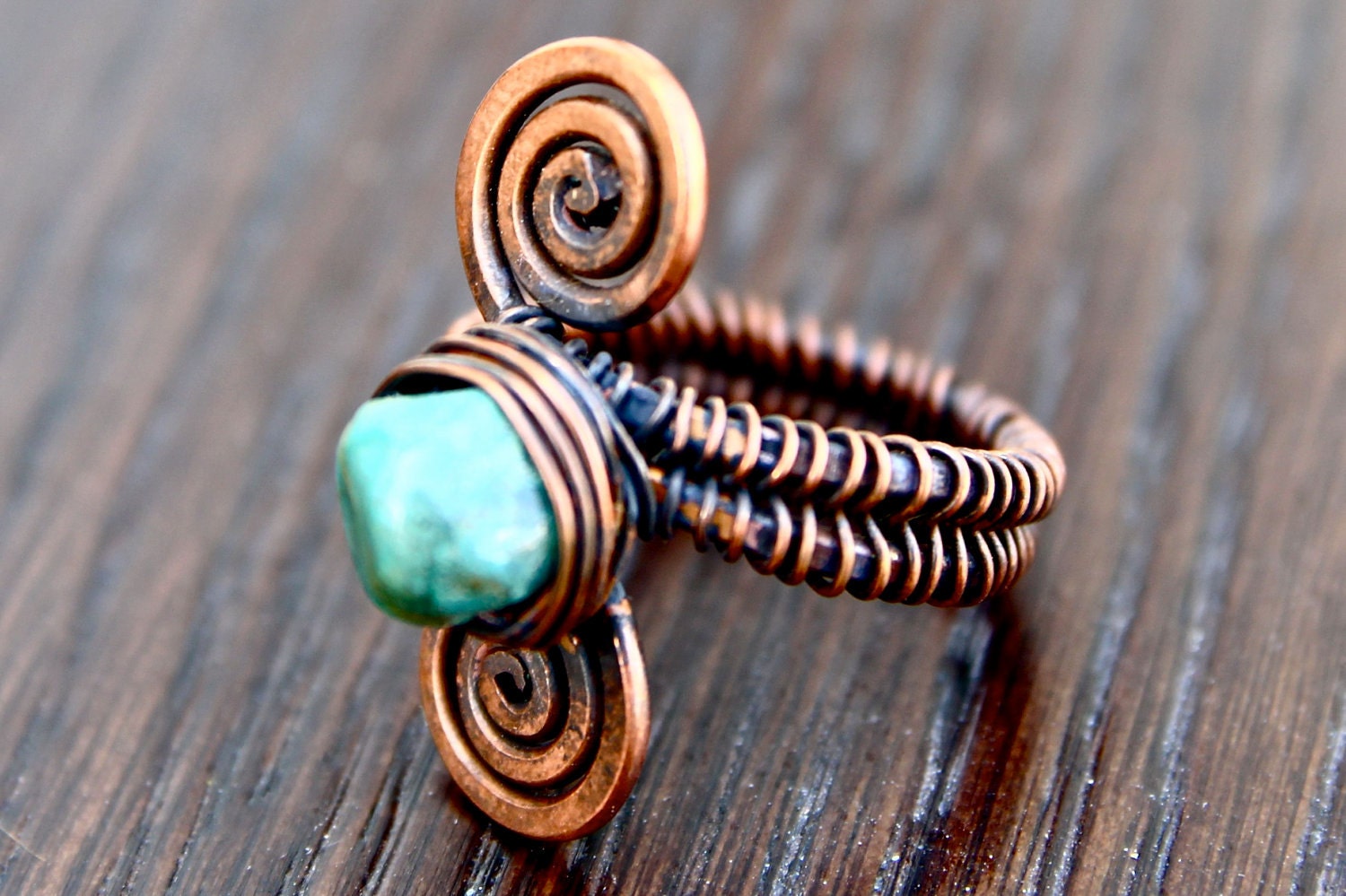 Recycled Copper Double Spiral Teal Chrysocolla Woven Ring. Size 8. Jewelry by FullSpiral on Etsy