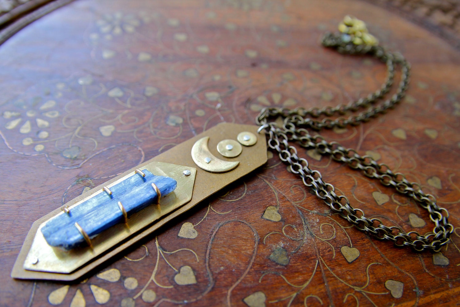 Kyanite and Recycled Brass Crystal Amulet Necklace. OOAK Jewelry by FullSpiral on Etsy