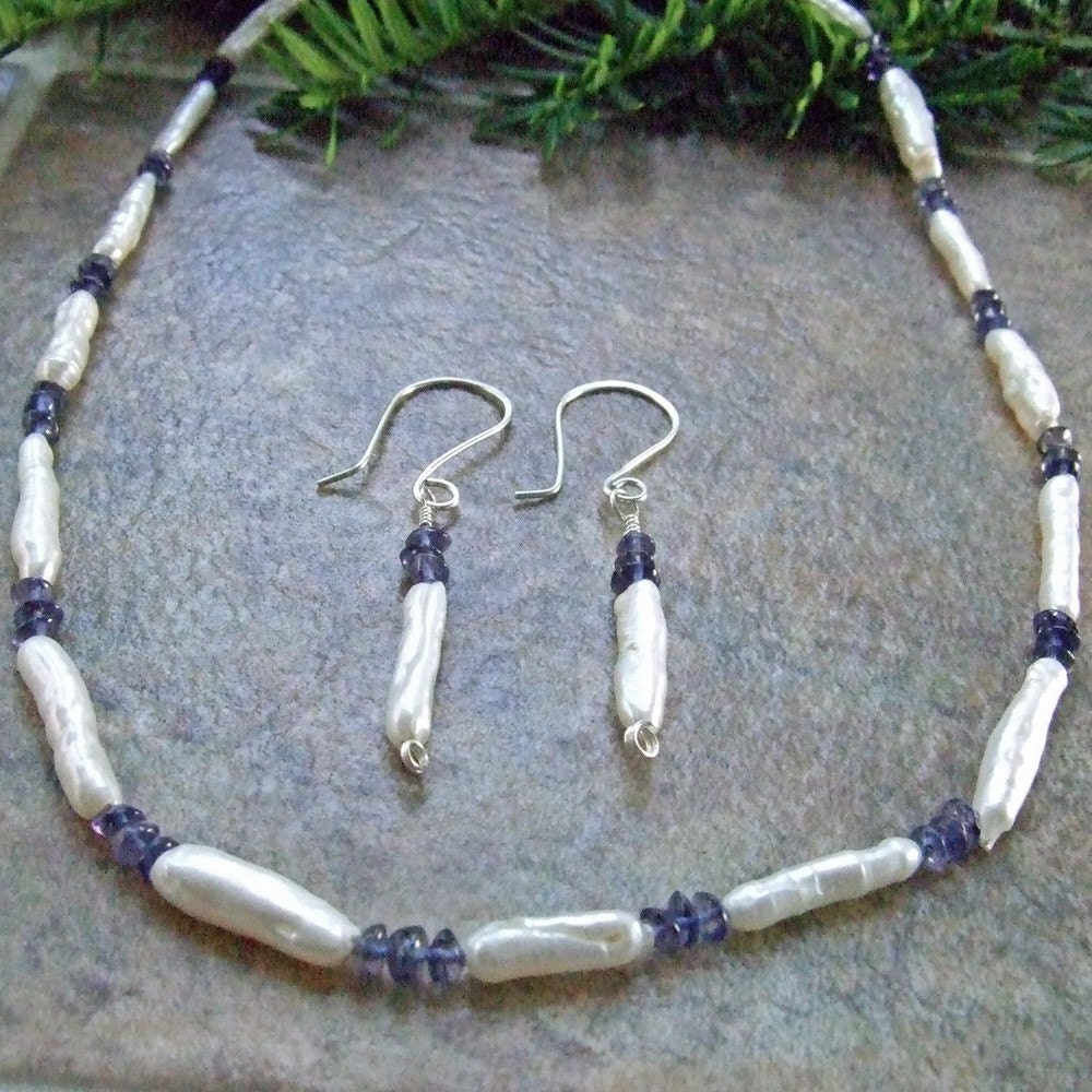 Blue Gemstone and White Freshwater Pearl Necklace and Earrings