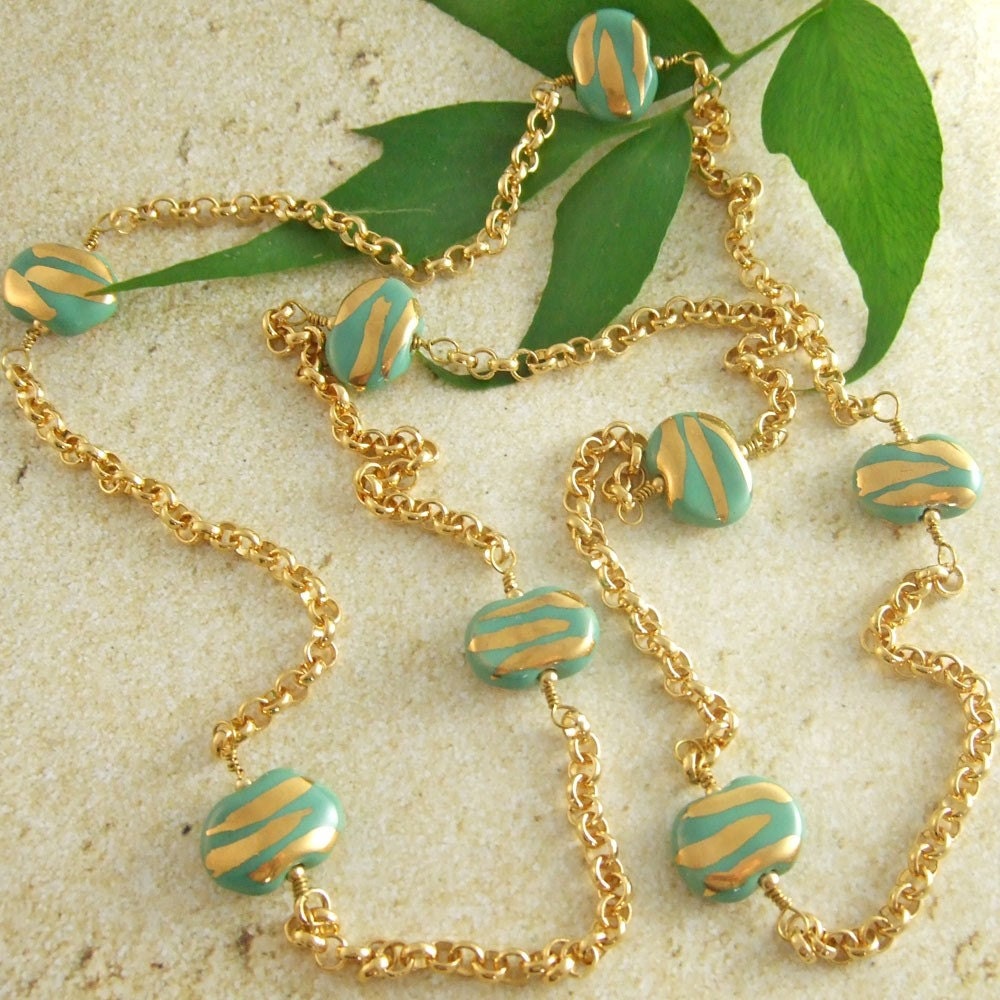 Gold Chain and Green Kazuri Bead Necklace
