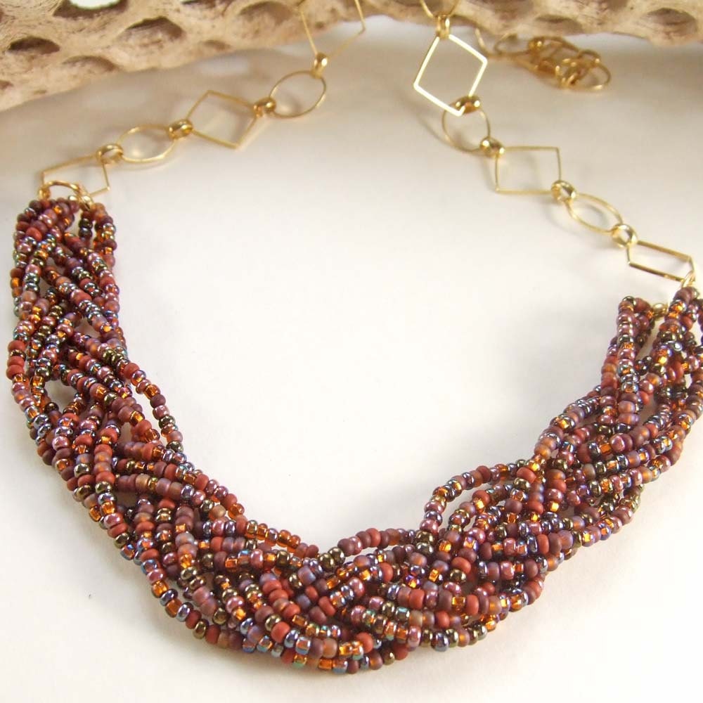 Brown and Rust Braided Bead and Gold Chain Necklace