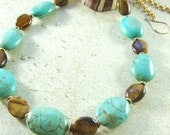 Brown and Turquoise Gemstone and Gold Chain Necklace and Earrings
