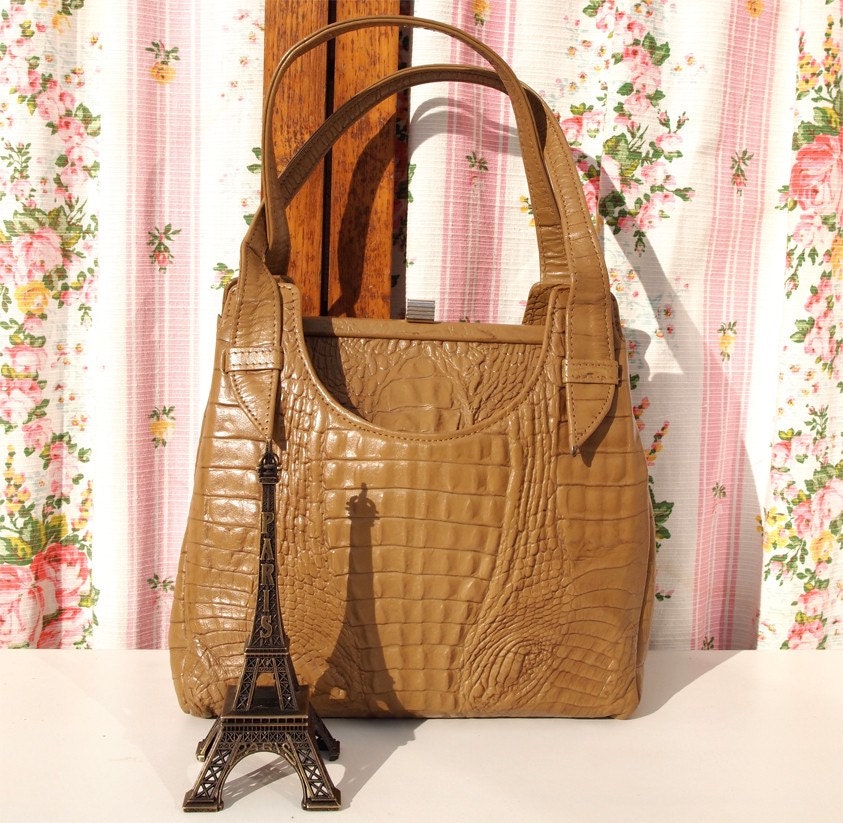 Joanie, French Vintage, 1960s Taupe Mock Crocodile Leather Mad Men Style Handbag with Ornate Clasp, from Paris