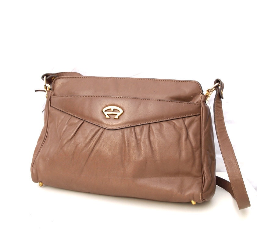 Mink, Etiene Aigner, French Vintage, Designer, Taupe Leather, Ziptop Handbag from Paris